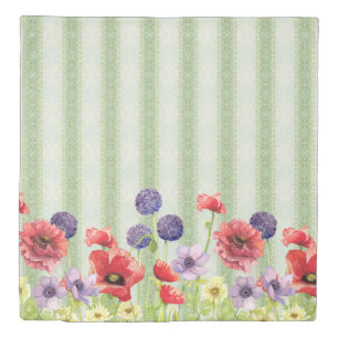 Striped Watercolor Red Poppy Wild Flower Floral Duvet Cover