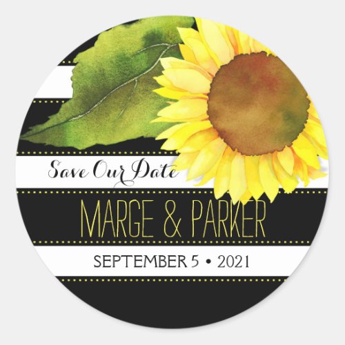 Striped Watercolor Sunflower Wedding Save Our Date Classic Round Sticker