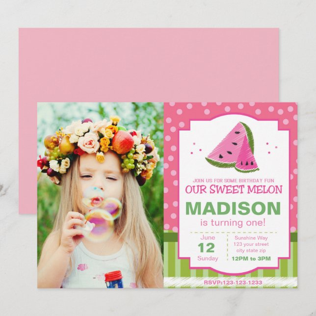 Striped Watermelon Birthday Invitation with Photo (Front/Back)