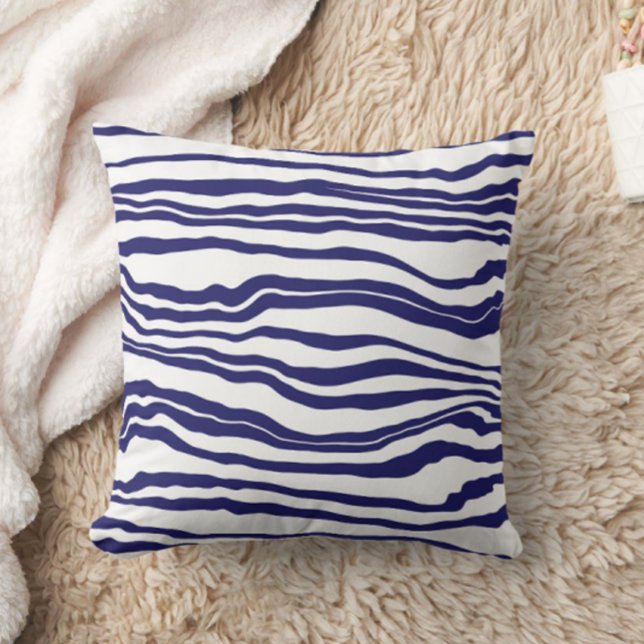 Striped Wavy Line Navy White Throw Pillow (Creator Uploaded)