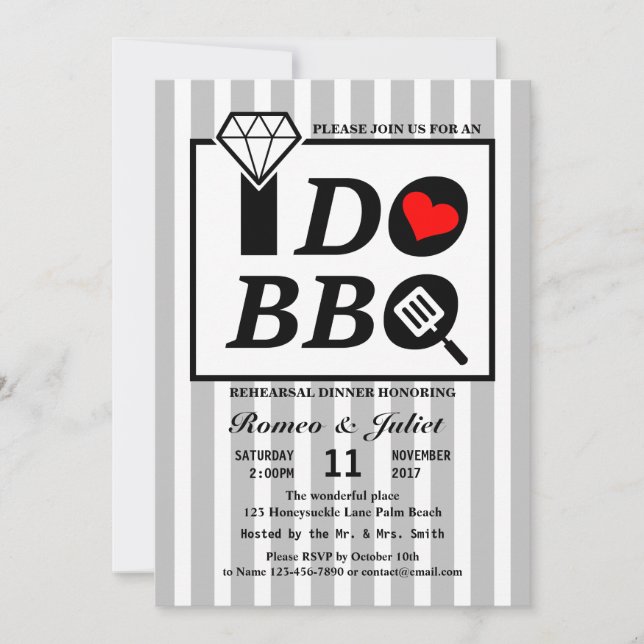 Striped Wedding Rehearsal Dinner I Do BBQ RSVP Invitation (Front)