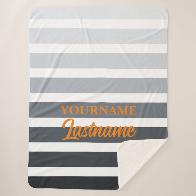 Striped White Gray and Orange Personalized  Sherpa Blanket (Front)