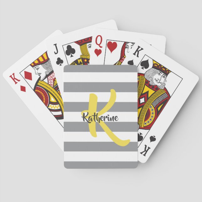 Striped White Gray and Yellow Monogram Poker Cards (Back)