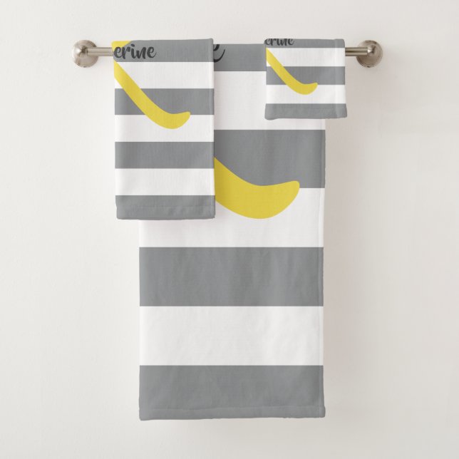 Striped White Gray and Yellow Personalized Bath Towel Set (Insitu)