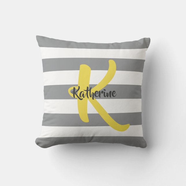 Striped White Gray and Yellow Personalized Throw Pillow (Front)