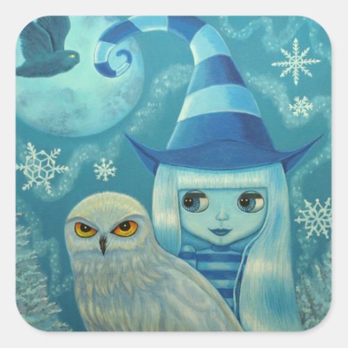 Striped Winter Witch with Snowy Owl Friend Square Sticker