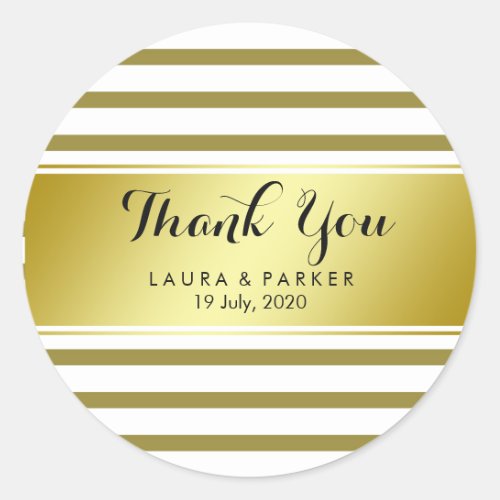 Striped Yellow Gold  Foil Thank You Wedding Classic Round Sticker