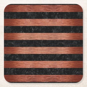 Stripes2 Black Marble & Copper Brushed Metal Square Paper Coaster by Trendi_Stuff at Zazzle