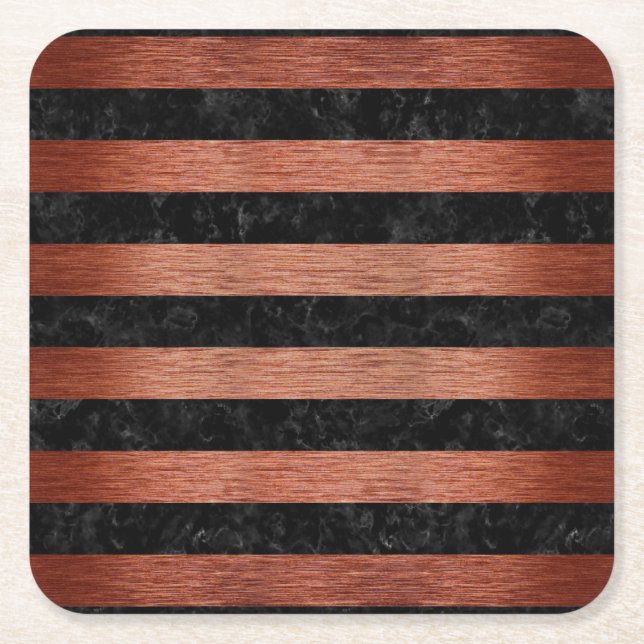 STRIPES2 BLACK MARBLE & COPPER BRUSHED METAL SQUARE PAPER COASTER (Front)