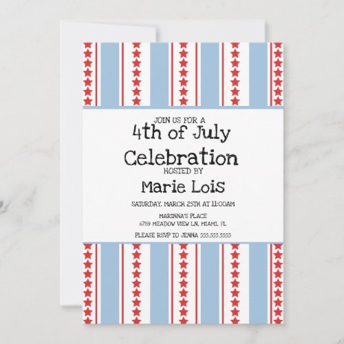Stripes 4th of July Large Stars Red Blue Invitation