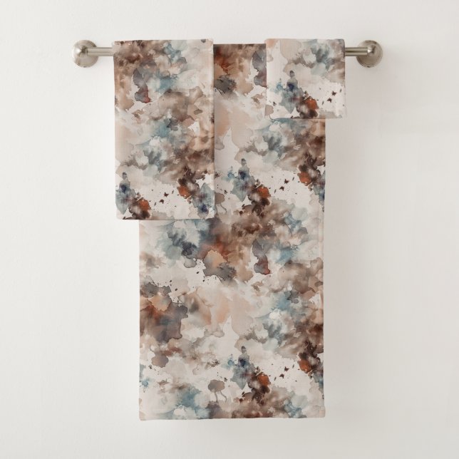 Stripes Abstract Blue Cream Brown   Bath Towel Set (Insitu)