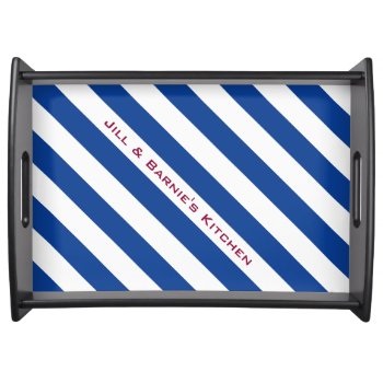 Stripes Adjustable Blue With Text Serving Tray by KreaturShop at Zazzle