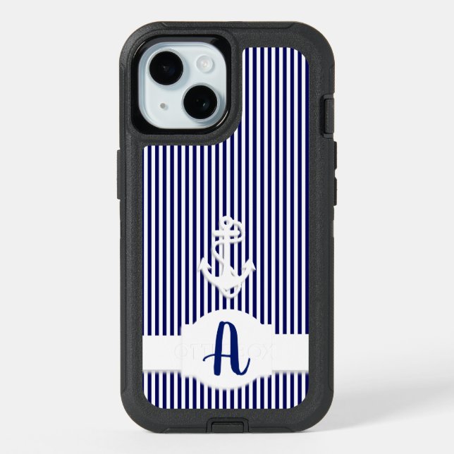 Stripes & Anchor Monogram Custom iPhone 15 Case (Back)