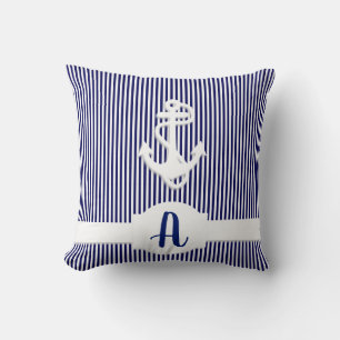 Stripes & Anchor Monogram Custom Throw Pillow
