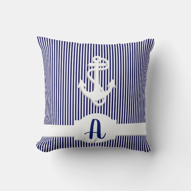Stripes & Anchor Monogram Custom Throw Pillow (Front)