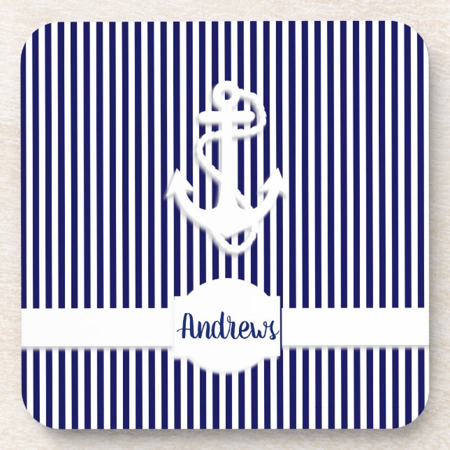 Stripes & Anchor Monogram or Name Custom Beverage Coaster (Front)