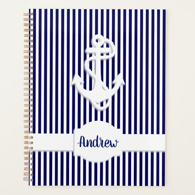 Stripes & Anchor Monogram or Name Custom Planner (Front)