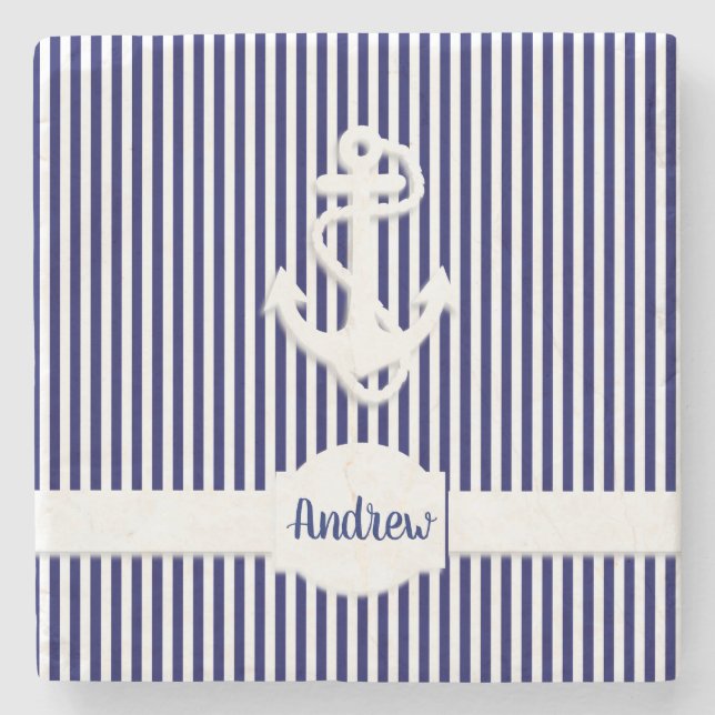 Stripes & Anchor Monogram or Name Custom Stone Coaster (Front)