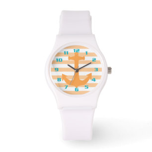 Stripes and Anchor with Teal Numbers Trendy Peach Watch