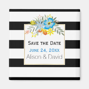 Stripes and blue flowers wedding Save the Date Magnet