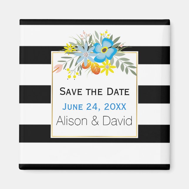 Stripes and blue flowers wedding Save the Date Magnet (Front)