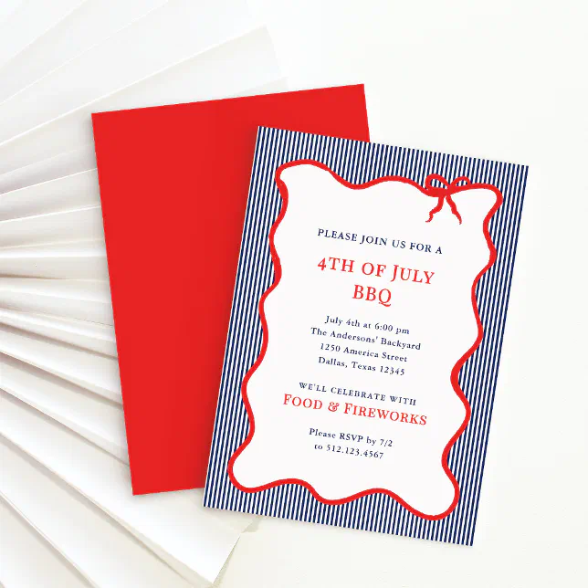 Stripes and Bow | Red White Blue 4th of July Party Invitation | Zazzle