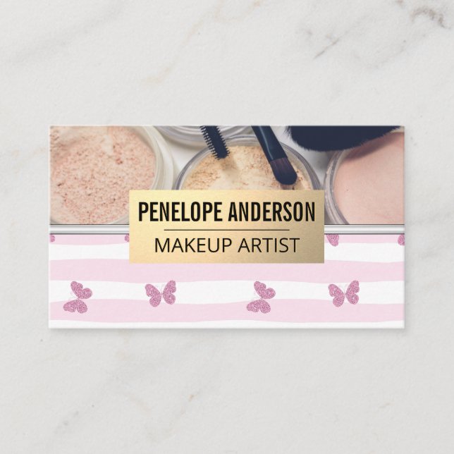 Stripes and Butterfly | Makeup Palette and Brushes Business Card (Front)