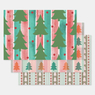 Stripes And Christmas Trees Patterns Wrapping Paper Sheets