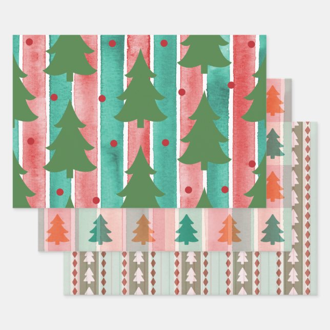 Stripes And Christmas Trees Patterns Wrapping Paper Sheets (Set)