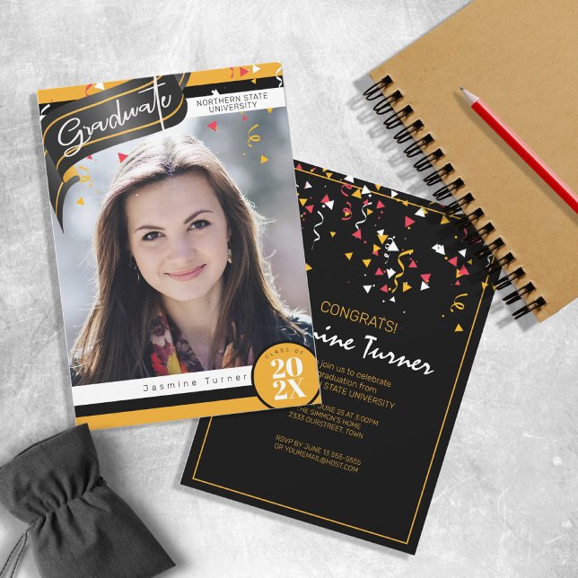 Stripes and Confetti Graduation Black/Gold ID890 Invitation (Creator Uploaded)