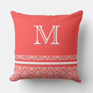 Stripes and Damask in Salmon and White Monogram Outdoor Pillow