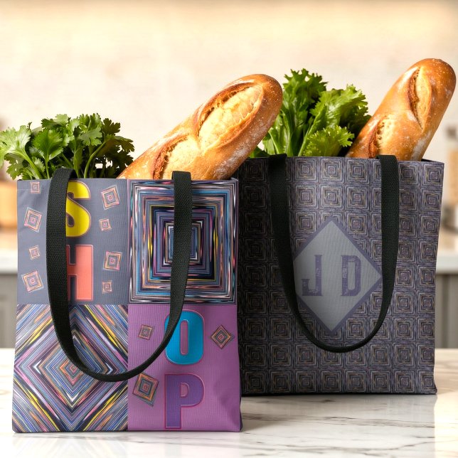 Stripes And Diamonds Colorful Monogram Tote Bag (Shopping but make it wacky. Bright illustrated patterns, bold colors, and your initials. )