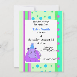 Stripes and Dots Hippo Birthday Invitation
