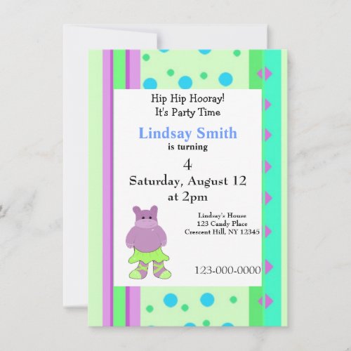 Stripes and Dots Hippo Birthday Invitation