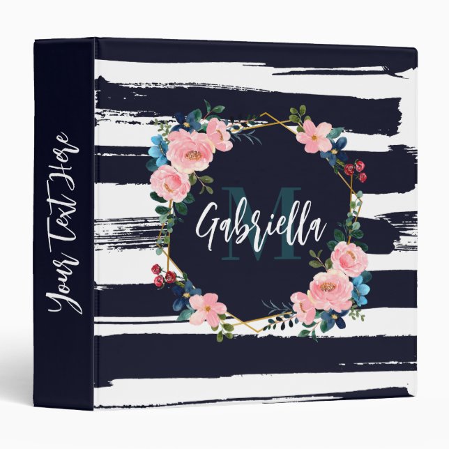 Stripes And Floral Frame Monogram 3 Ring Binder (Front/Spine)
