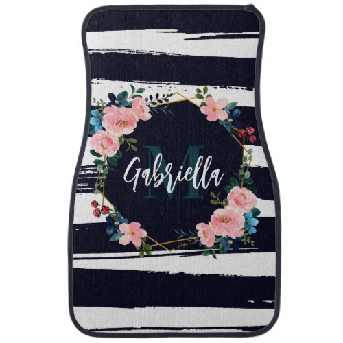 Stripes And Floral Frame Monogram Car Floor Mat