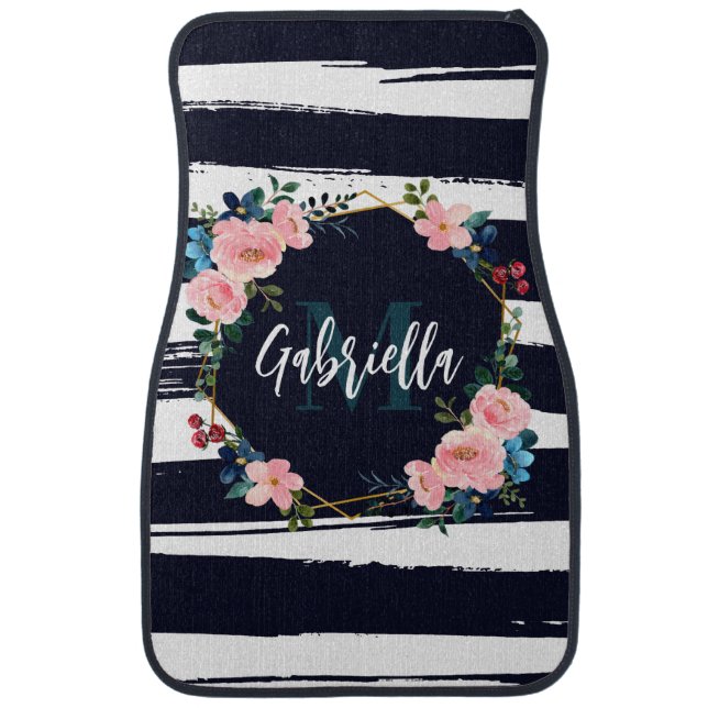 Stripes And Floral Frame Monogram Car Floor Mat (Front)