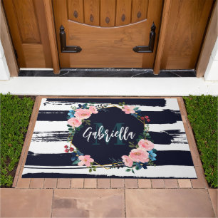 Stripes And Floral Frame Monogram Doormat