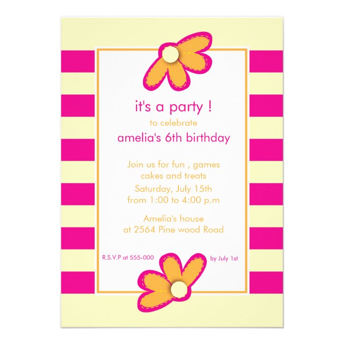 Stripes and Flowers   Kids Birthday invites