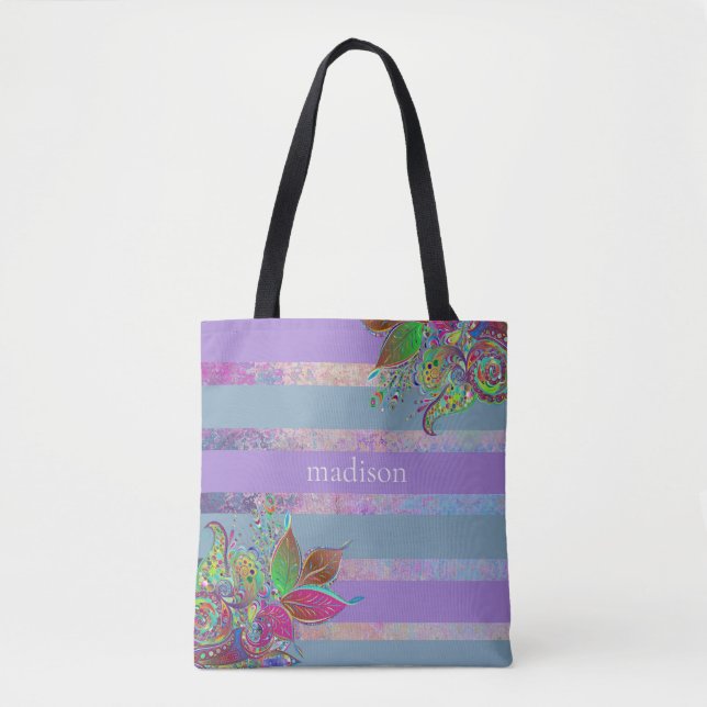 Stripes and Flowers Personalized Tote Bag (Front)