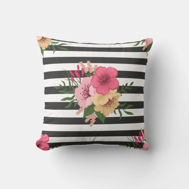 Stripes and Flowers Throw Pillow (Front)