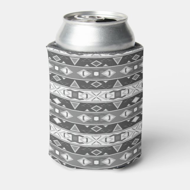 Stripes and geometric shapes gray white can cooler (Can Back)