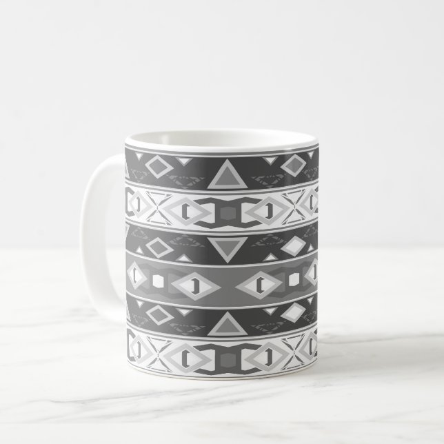 Stripes and geometric shapes gray white coffee mug (Front Left)