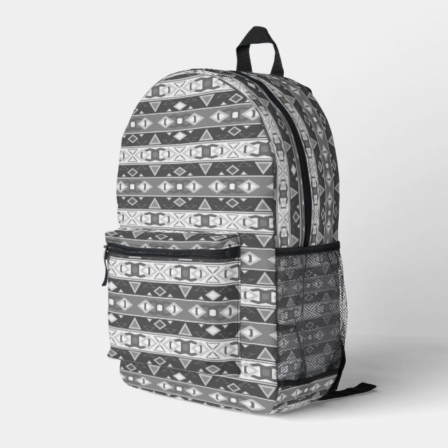 Stripes and geometric shapes gray white printed backpack (Back Corner Right)