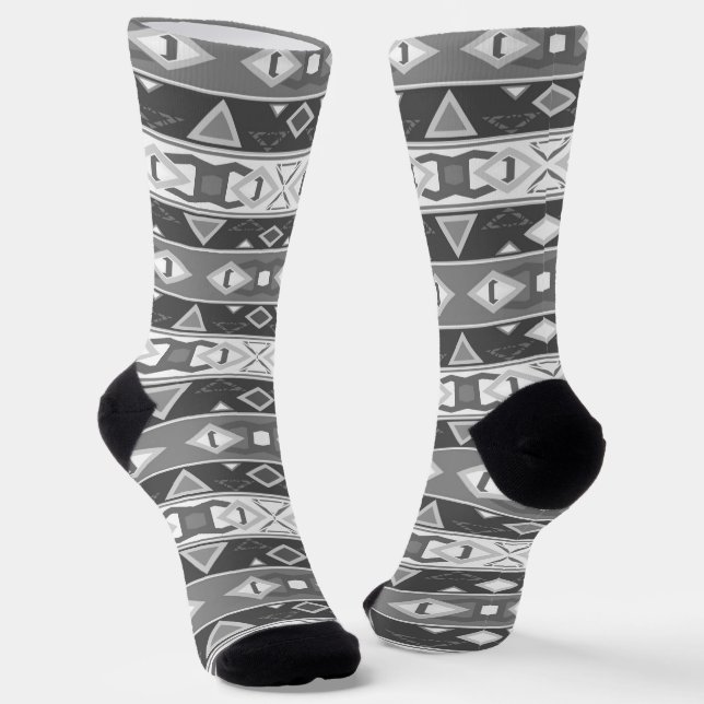 Stripes and geometric shapes gray white socks (Angled)