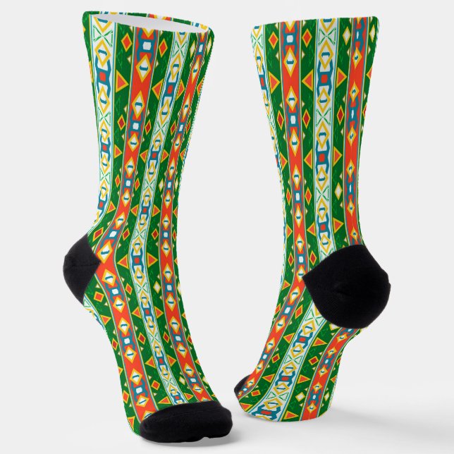 Stripes and geometric shapes green orange white  socks (Angled)