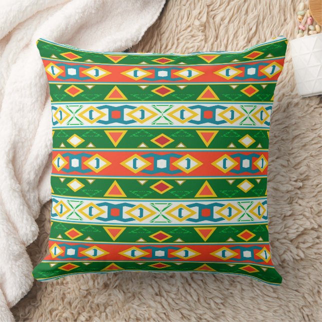 Stripes and geometric shapes green orange white  throw pillow (Blanket)