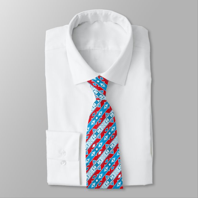 Stripes and geometric shapes of red blue white neck tie (Tied)