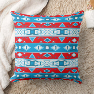 Stripes and geometric shapes of red blue white throw pillow