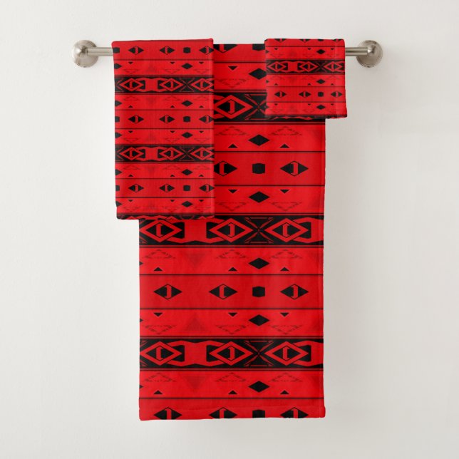 Stripes and geometric shapes red black bath towel set (Insitu)
